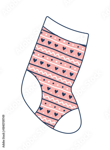 Christmas stocking, knitted sock isolated on transparent. Hand drawn line art vector illustration. Traditional holiday, Xmas, New Year, seasonal design element, winter clothes clip art