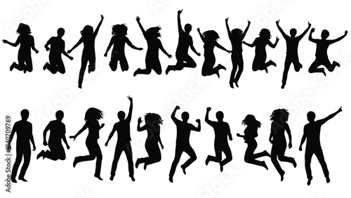 Collection of black silhouettes of people jumping and dancing on white background