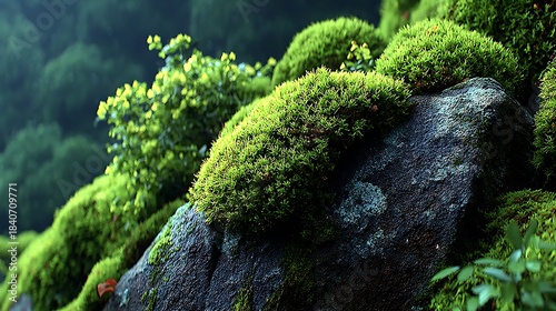 Fresh green moss growing over stone pictures