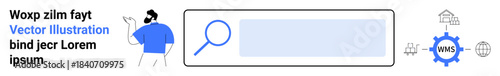 Digital marketing, data analysis, SEO strategies, online research, business tools, information flow. A man gestures towards a search bar with data icons. Digital marketing and data analysis concept