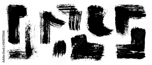 Set of black strokes of wide artistic brush in form of curved and right angles. Vector illustration of artistic dynamic strokes, spots with rough uneven texture and smeared edges.