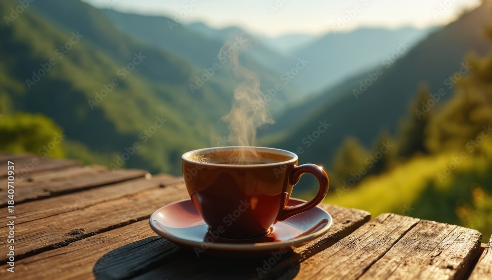 Fototapeta premium Steaming coffee cup sits on rustic wooden table overlooking lush green mountain valley at sunrise. Early morning beverage offers warmth and scenic view. Perfect start for a day of exploration.