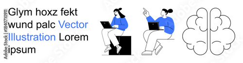 Education, teamwork, innovation, brainstorming, tech solutions learning. Two people on laptops brain illustration. Education and teamwork concept. Line metaphor. Simple line icons