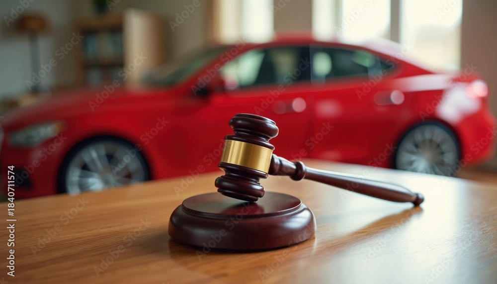 Naklejka premium Gavel rests on wooden table. Blurred red car in background suggests auction sale or legal seizure. Property asset is for bidding. Court decision pending.