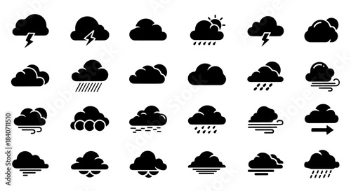 Weather Icons Set: Black Silhouette Cloud Symbols with Rain, Sun, Lightning, Wind, and Arrows