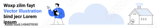 Renewable energy, smart homes, cloud storage, eco-friendly technology, digital services, remote control. A sustainable home with solar panels and a professional pointing. Renewable energy and smart
