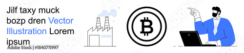 Cryptocurrency, blockchain, pollution, technology trends, industrial processes, and business strategy. Factory with smoke, Bitcoin logo and a businessman at a laptop pointing. Cryptocurrency