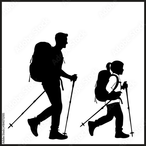 Silhouette of a man and child hiking together with backpacks and trekking poles vector illustration