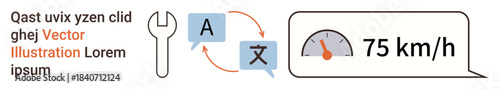Language translation, technical tools, speed measurement, engineering, localization, efficiency concepts. A wrench, translation dialog boxes and a speedometer. Language translation and efficiency