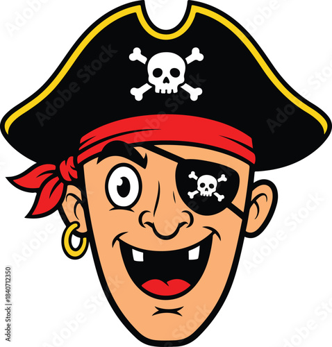 Happy cartoon pirate character head with an eyepatch and skull and crossbones hat, smiling broadly, ready for an exciting voyage.