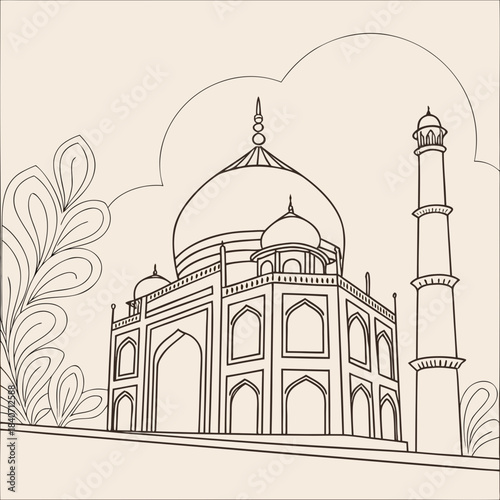 Taj Mahal Line Art Vector Illustration: Famous Indian Landmark and Architectural Heritage Design