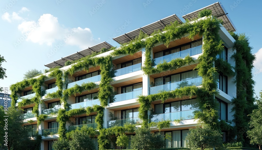 Fototapeta premium Modern eco hotel building features solar panels on roof, green vertical gardens climbing exterior walls. Sustainable architecture offers balconies with glass railings, large windows, eco friendly