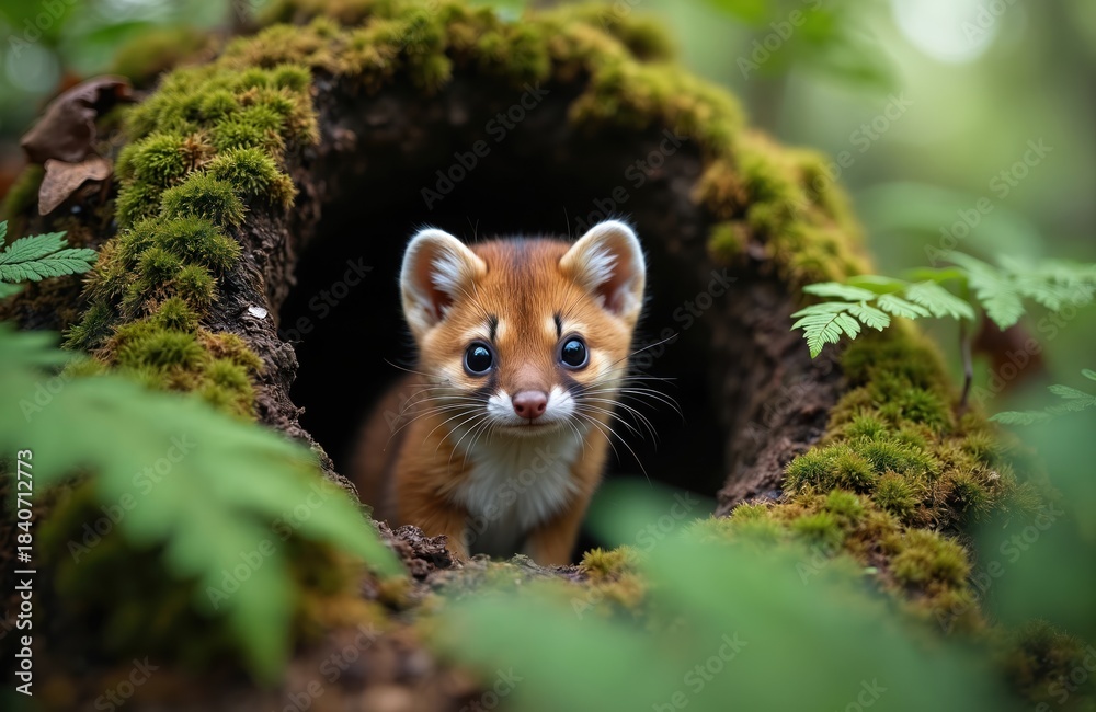Obraz premium Small cute marten peeks from mossy tree hollow, looking directly at camera. Wild animal in natural forest habitat, lush green foliage surrounds its den.