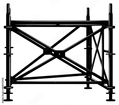 A black and white silhouette of a scaffolding structure, black, construction site, equipment, illustration, pole, profile, scaffold, against transparent background