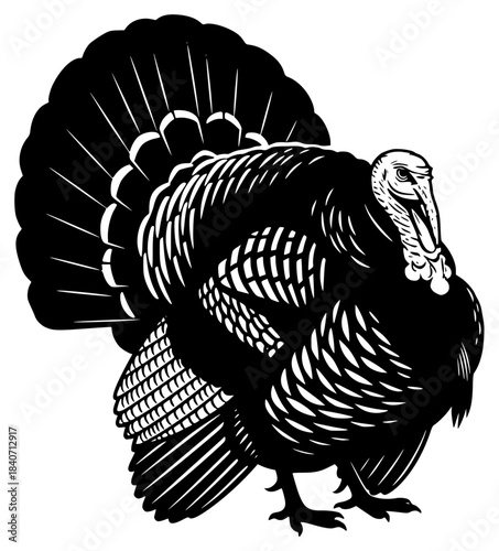 A black and white illustration of a wild turkey, black, illustration, profile, thanksgiving, turkey, wild, against transparent background