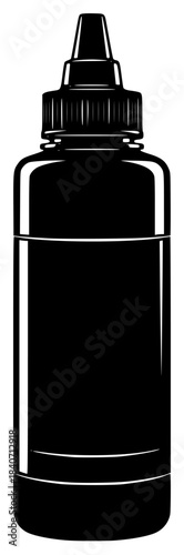 A black and white silhouette of a condiment bottle, black, bottle, container, illustration, ink, lid, liquid, spray, spray can, against transparent background