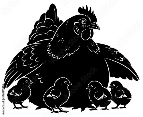 A black and white silhouette of a large chicken with four small chicks, bird, black, chicken, cock, hen, illustration, nest, profile, against transparent background