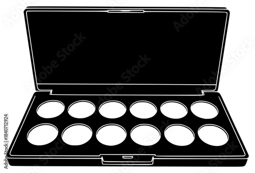 A black and white illustration of a makeup palette with a black lid, black, case, cosmetic, icon, illustration, open, against transparent background