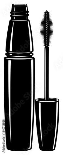 A black and white illustration of a mascara bottle and its cap, black, bottle, brush, cosmetic, illustration, lash, mascara, tube, against transparent background
