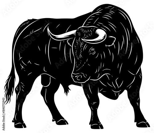 A black and white illustration of a bison standing in profile, animal, black, buffalo, bull, illustration, image, profile, stand, trumpet, against transparent background