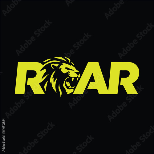 Powerful yellow lion head integrated into 'roar' text, symbolizing dominance, bravery, and a strong vocal message, a fierce design.