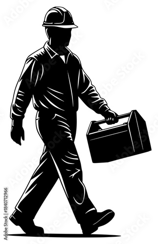 A silhouette of a construction worker walking with a toolbox, black, briefcase, carry, construction worker, hat, illustration, man, profile, sun hat, toolbox, walk, against transparent background