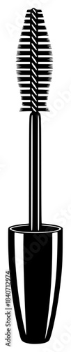 A black and white illustration of a mascara brush and container, black, brush, dart, icon, illustration, mascara, against transparent background