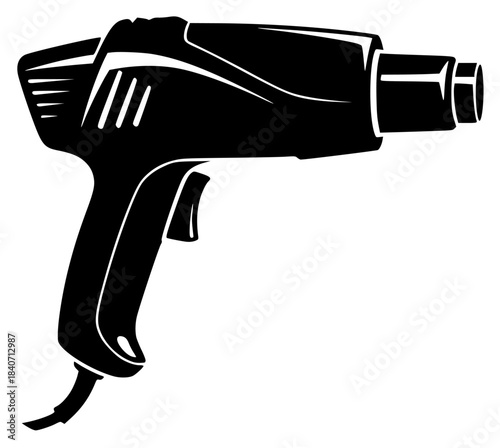 A black and white silhouette of a hot air gun, black, drill, dry, gun, hair drier, icon, illustration, profile, screwdriver, spray, tool, against transparent background
