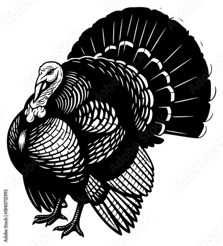 A black and white illustration of a wild turkey, black, illustration, profile, thanksgiving, turkey, white, wild, against transparent background