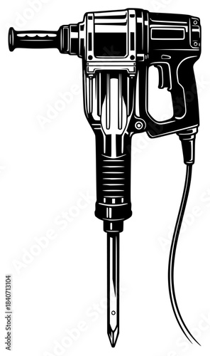 A black and white illustration of a hammer drill, black, drill, equipment, gun, illustration, screw, screwdriver, tool, weapon, against transparent background