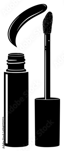 A black and white illustration of a mascara with a brush next to it, black, bottle, brush, cosmetic, illustration, lash, liquid, mascara, tool, tube, against transparent background