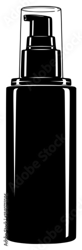 A black and white silhouette of a bottle with a pump dispenser, black, bottle, cosmetic, illustration, liquid, perfume, soap, spray, against transparent background