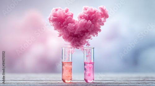 Two test tubes sit on surface with colored liquids inside. Pink smoke rises and forms heart shape in air. setting appears to be lab or studio space