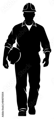 A silhouette of a construction worker walking with a hard hat, black, construction worker, hat, illustration, man, profile, snowboarder, walk, wear, against transparent background