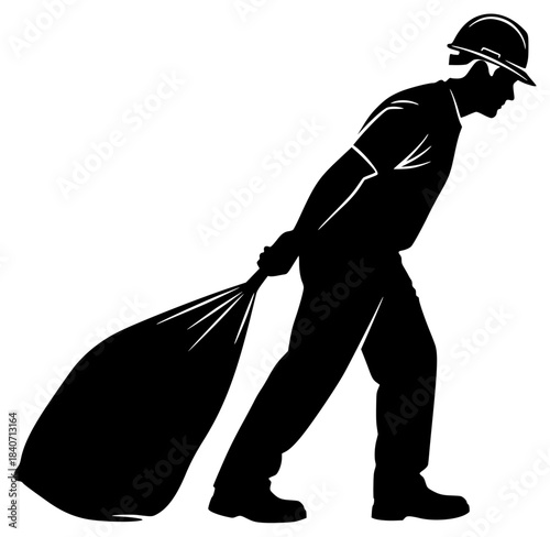 A silhouette of a construction worker carrying a large bag, bag, baseball hat, bin, black, broom, garbage, man, profile, sack, waste, against transparent background