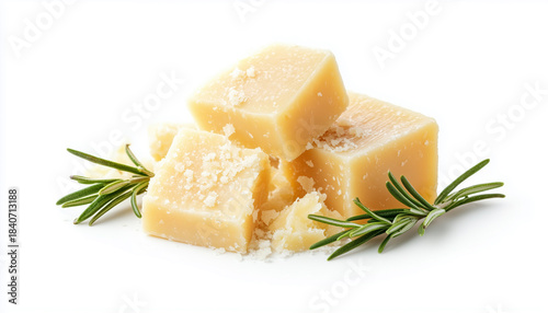 Pieces of parmesan cheese with rosemary isolated on white background