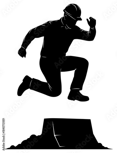 A black and white silhouette of a construction worker jumping over a gap, black, jump, man, profile, ramp, skateboarder, snowboarder, trick, against transparent background