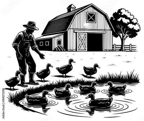A black and white illustration of a farmer walking with ducks near a barn, duck, farm, farmer, illustration, man, pond, stand, water, against transparent background