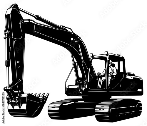A black and white illustration of an excavator with a man inside, black, crane, dozer, equipment, excavator, forklift, illustration, machine, profile, tractor, against transparent background