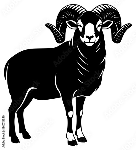 A black and white silhouette of a ram with large curved horns, animal, black, goat, illustration, image, profile, ram, sheep, stand, trumpet, against transparent background