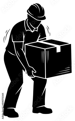 A silhouette of a man carrying a large cardboard box, black, box, cardboard box, carry, construction worker, crate, illustration, man, overall, package, profile, worker, against transparent background