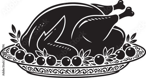 Roasted whole turkey on an ornate platter with cranberries and decorative leaves, traditional holiday meal vector illustration art.