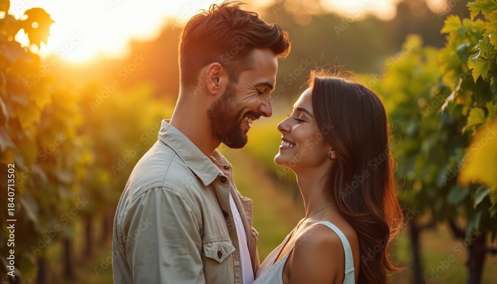 Fototapeta premium Man, woman smile looking at amid vineyard rows during golden sunset. Couple shares loving gaze, connection, happiness in romantic outdoor setting. Warm sunlight filters through grape leaves, creating