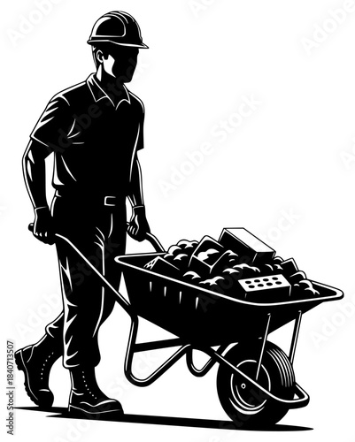 a man pushing a wheelbarrow full of garden tools, black silhouette on a white background
