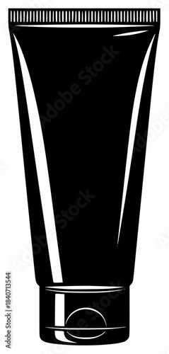 A black and white illustration of a tube of cream, black, bottle, container, cosmetic, cream, illustration, liquid, toothpaste, tube, against transparent background
