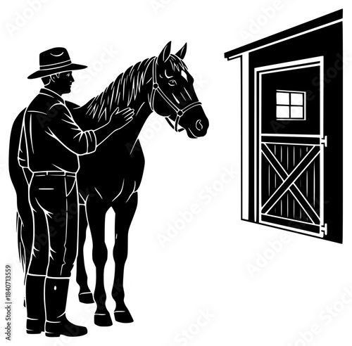 black silhouette of a farmer in a hat standing next to a horse in front of a barn
