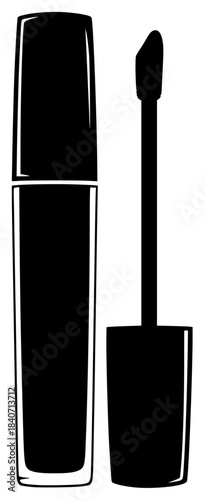 A black and white silhouette of a mascara and its container, black, brush, cosmetic, icon, illustration, lash, lipstick, liquid, mascara, profile, tool, tube, against transparent background
