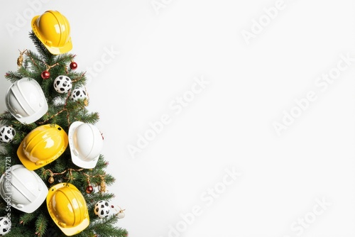 Construction helmets adorned on a festive Christmas tree with colorful ornaments and a blank background, creating a unique holiday decoration concept