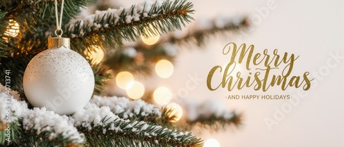 White Christmas ornament hanging on a snow-covered evergreen tree with soft glowing lights creating a warm holiday atmosphere and festive spirit