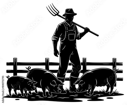 black silhouette of a farmer standing in front of a fence with pigs on a farm
